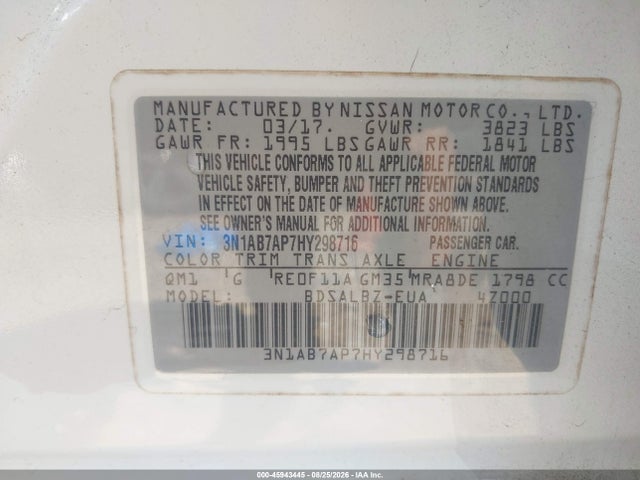 Продаж на аукціоні авто 2017 Nissan Sentra S, vin: 3N1AB7AP7HY298716, номер лоту: 45943445