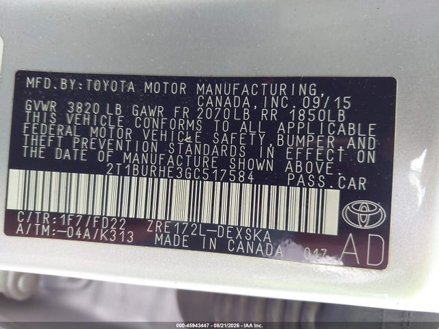Aukcja sprzedaży 2016 Toyota Corolla S, vin: 2T1BURHE3GC517584, numer aukcji: 45943447