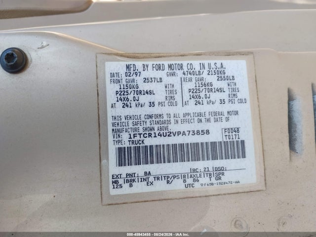 45943455 :رقم المزاد ، 1FTCR14U2VPA73858 vin ، 1997 Ford Ranger Splash/xl/xlt مزاد بيع