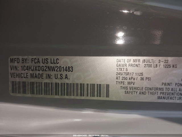 45943458 :رقم المزاد ، 1C4HJXDG2NW201483 vin ، 2022 Jeep Wrangler Unlimited Sport S 4x4 مزاد بيع