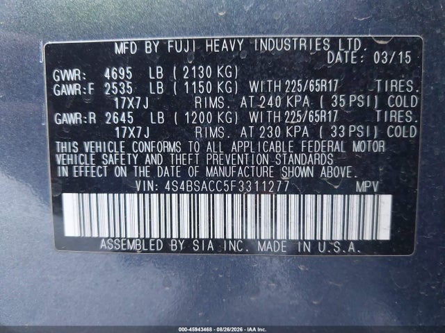 Subaru Outback 2.5i Premium 2015 4S4BSACC5F3311277 Image 9