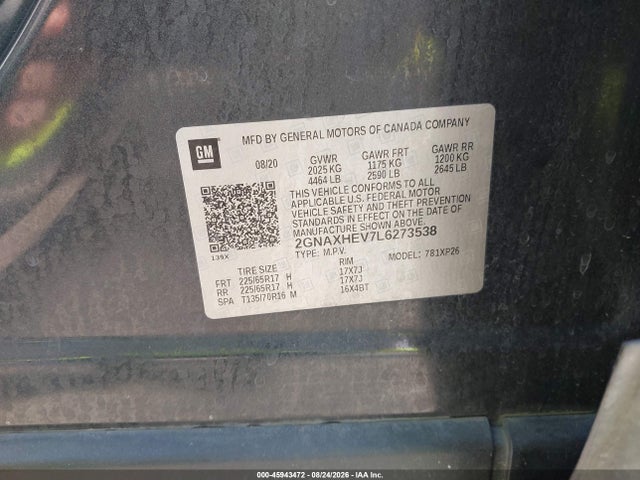 Продаж на аукціоні авто 2020 Chevrolet Equinox Fwd Ls, vin: 2GNAXHEV7L6273538, номер лоту: 45943472