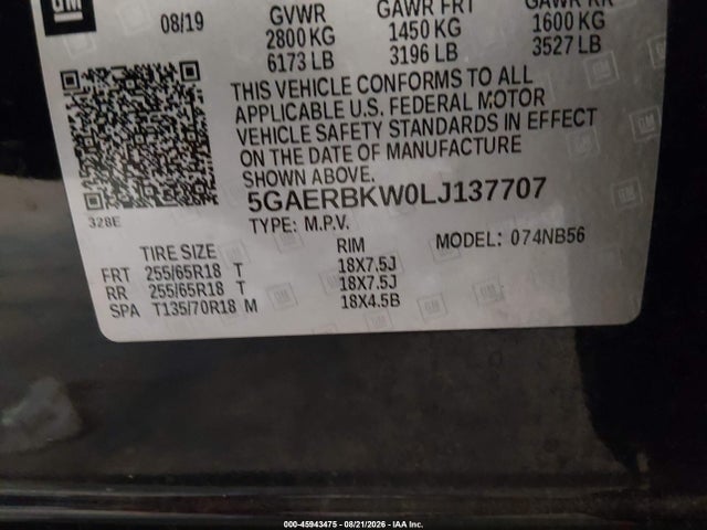 45943475 :رقم المزاد ، 5GAERBKW0LJ137707 vin ، 2020 Buick Enclave Fwd Essence مزاد بيع