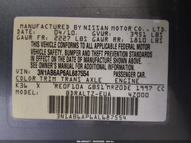 Aukcja sprzedaży 2010 Nissan Sentra 2.0s, vin: 3N1AB6AP6AL687554, numer aukcji: 45943477