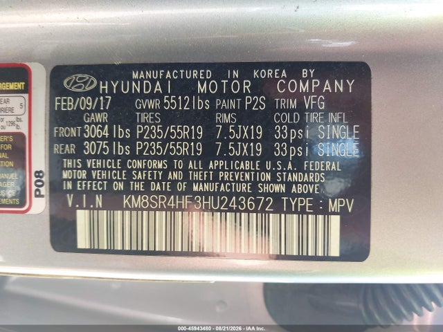 Продажа на аукционе авто 2017 Hyundai Santa Fe Se Ultimate, vin: KM8SR4HF3HU243672, номер лота: 45943480