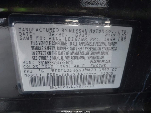 2020 Nissan Sentra S Xtronic Cvt მანქანა იყიდება აუქციონზე, vin: 3N1AB8BV6LY231410, აუქციონის ნომერი: 45943485
