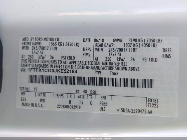 Продаж на аукціоні авто 2018 Ford F-150 Xl, vin: 1FTFX1CG0JKE52184, номер лоту: 45943486
