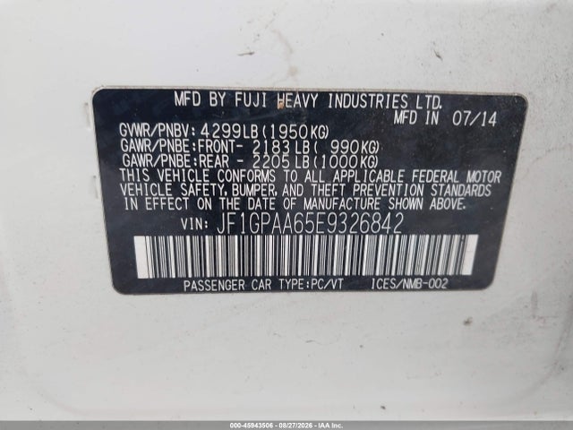 Продаж на аукціоні авто 2014 Subaru Impreza 2.0i, vin: JF1GPAA65E9326842, номер лоту: 45943506