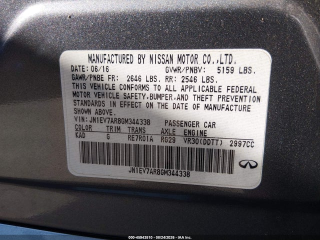 Aukcja sprzedaży 2016 Infiniti Q50 3.0t Premium, vin: JN1EV7AR8GM344338, numer aukcji: 45943510
