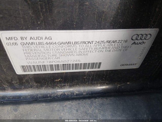 Aukcja sprzedaży 2006 Audi A3 2.0t, vin: WAUNF78P06A027245, numer aukcji: 45943520
