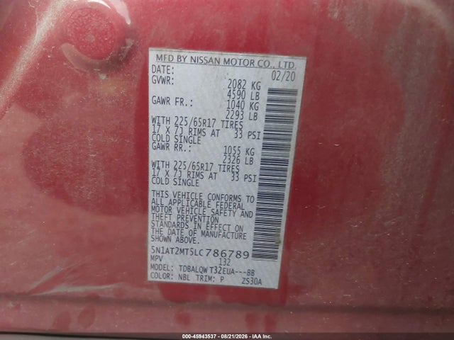Продаж на аукціоні авто 2020 Nissan Rogue Sv Fwd, vin: 5N1AT2MT5LC786789, номер лоту: 45943537