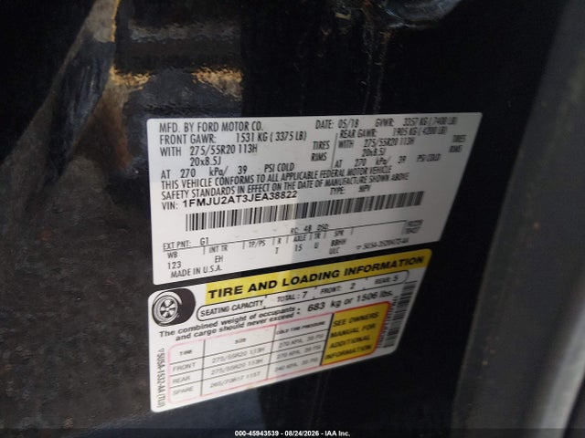 2018 Ford Expedition Limited მანქანა იყიდება აუქციონზე, vin: 1FMJU2AT3JEA38822, აუქციონის ნომერი: 45943539