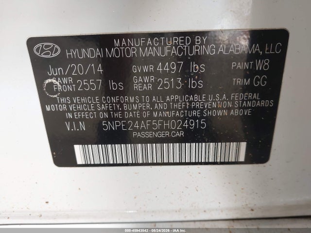 2015 Hyundai Sonata Se მანქანა იყიდება აუქციონზე, vin: 5NPE24AF5FH024915, აუქციონის ნომერი: 45943542