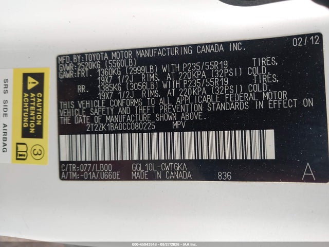 45943548 :رقم المزاد ، 2T2ZK1BA0CC080225 vin ، 2012 Lexus Rx 350 مزاد بيع