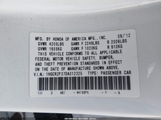 Aukcja sprzedaży 2013 Honda Accord Lx, vin: 1HGCR2F37DA012325, numer aukcji: 45943570