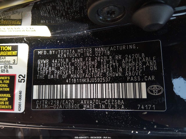 2018 Toyota Camry Se მანქანა იყიდება აუქციონზე, vin: 4T1B11HK9JU592537, აუქციონის ნომერი: 45943571