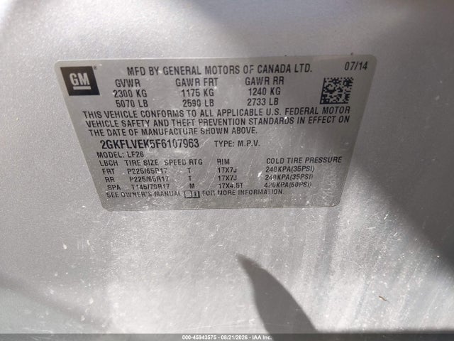 2015 Gmc Terrain Sle-1 მანქანა იყიდება აუქციონზე, vin: 2GKFLVEK5F6107963, აუქციონის ნომერი: 45943575