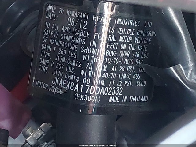 Aukcja sprzedaży 2013 Kawasaki Ex300 A, vin: JKAEX8A17DDA02332, numer aukcji: 45943577