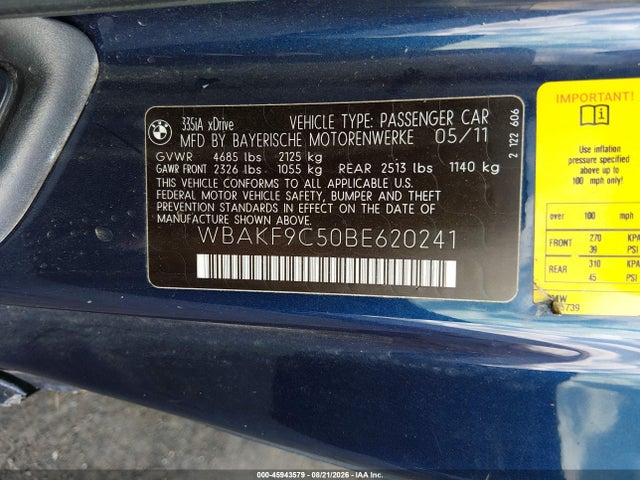 Aukcja sprzedaży 2011 Bmw 335i Xdrive, vin: WBAKF9C50BE620241, numer aukcji: 45943579