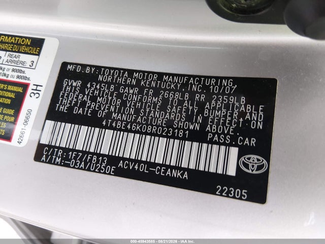 Продажа на аукционе авто 2008 Toyota Camry Le, vin: 4T4BE46K08R023181, номер лота: 45943585