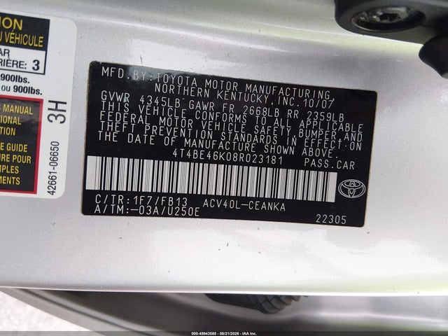 Продажа на аукционе авто 2008 Toyota Camry Le, vin: 4T4BE46K08R023181, номер лота: 45943585