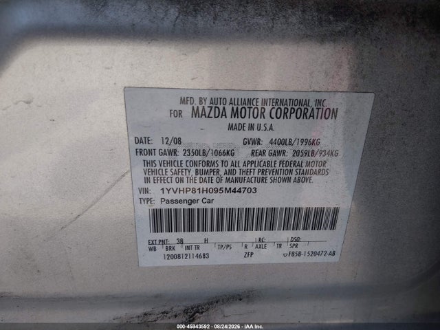 Продаж на аукціоні авто 2009 Mazda Mazda6 I Sport, vin: 1YVHP81H095M44703, номер лоту: 45943592