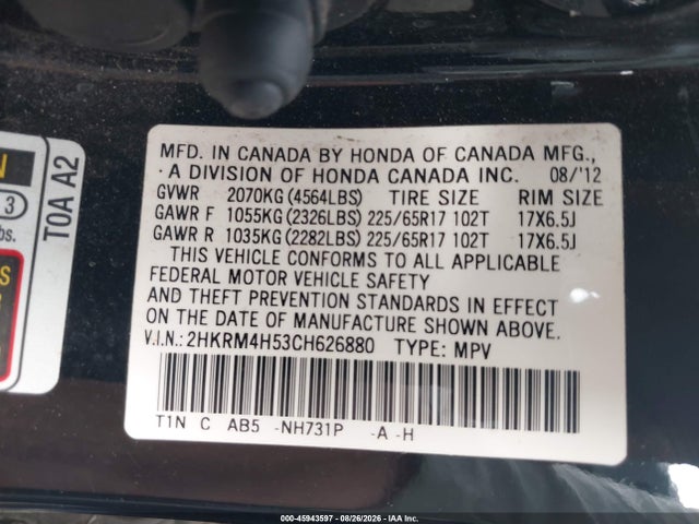 45943597 :رقم المزاد ، 2HKRM4H53CH626880 vin ، 2012 Honda Cr-v Ex مزاد بيع