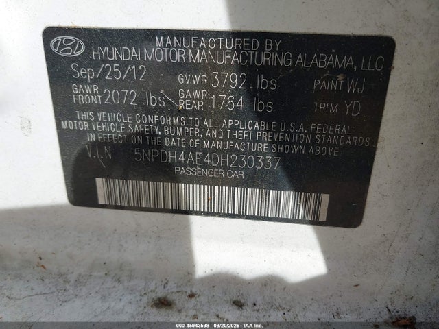 2013 Hyundai Elantra Gls/limited მანქანა იყიდება აუქციონზე, vin: 5NPDH4AE4DH230337, აუქციონის ნომერი: 45943598
