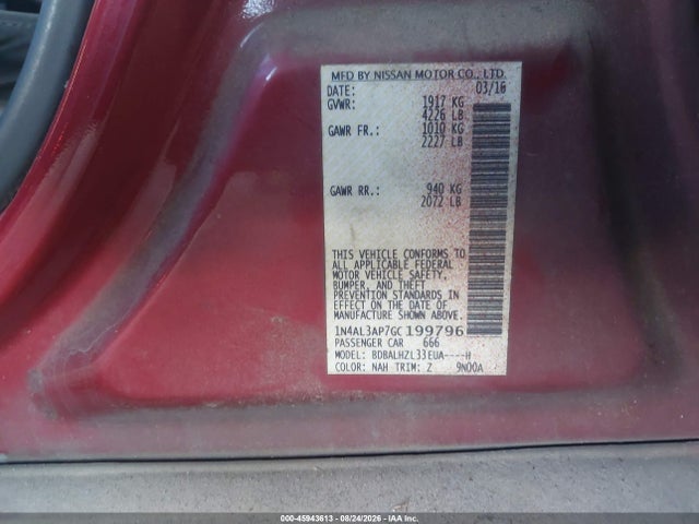 45943613 :رقم المزاد ، 1N4AL3AP7GC199796 vin ، 2016 Nissan Altima 2.5 Sr مزاد بيع