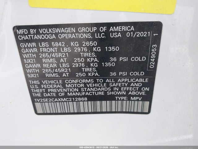 2021 Volkswagen Atlas Cross Sport 3.6l V6 Sel/3.6l V6 Sel R-line მანქანა იყიდება აუქციონზე, vin: 1V2SE2CAXMC212868, აუქციონის ნომერი: 45943615