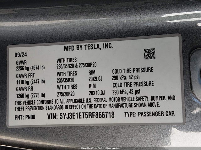 Продажа на аукционе авто 2024 Tesla Model 3 Performance All-wheel Drive, vin: 5YJ3E1ET5RF866718, номер лота: 45943631