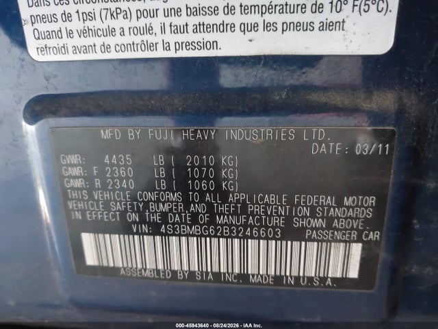 Продаж на аукціоні авто 2011 Subaru Legacy 2.5i Premium, vin: 4S3BMBG62B3246603, номер лоту: 45943640