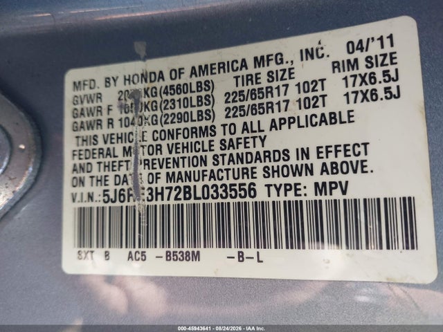 2011 Honda Cr-v Ex-l მანქანა იყიდება აუქციონზე, vin: 5J6RE3H72BL033556, აუქციონის ნომერი: 45943641