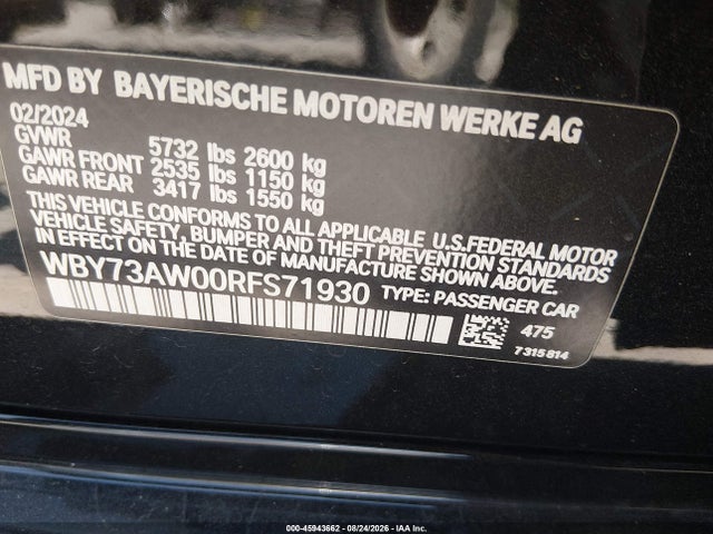 2024 Bmw I4 Gran Coupe Edrive40 მანქანა იყიდება აუქციონზე, vin: WBY73AW00RFS71930, აუქციონის ნომერი: 45943662