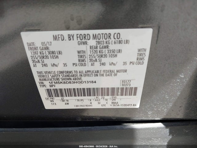 Продаж на аукціоні авто 2017 Ford Explorer Xlt, vin: 1FM5K8D83HGD13184, номер лоту: 45943666