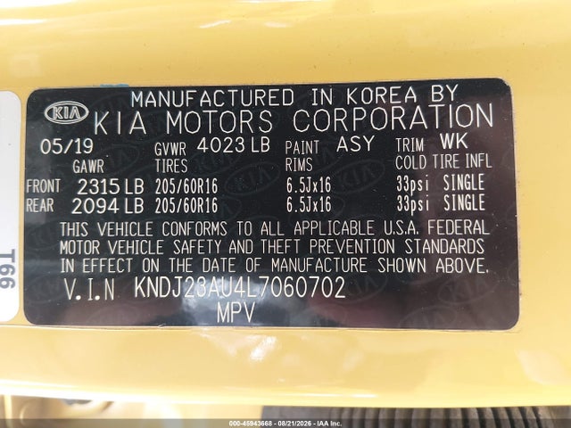 45943668 :رقم المزاد ، KNDJ23AU4L7060702 vin ، 2020 Kia Soul Lx مزاد بيع