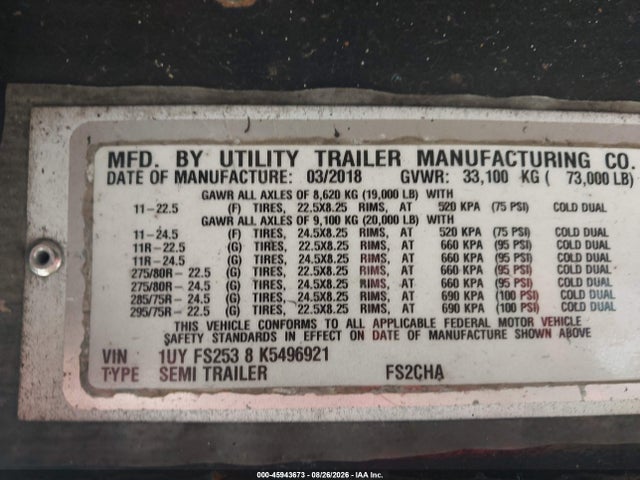 Продажа на аукционе авто 2019 Utility Trailer Mfg Flatbed, vin: 1UYFS2538K5496921, номер лота: 45943673