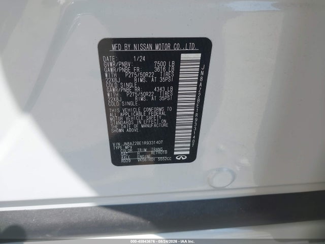 Продажа на аукционе авто 2024 Infiniti Qx80 Sensory Awd, vin: JN8AZ2BE1R9331407, номер лота: 45943676