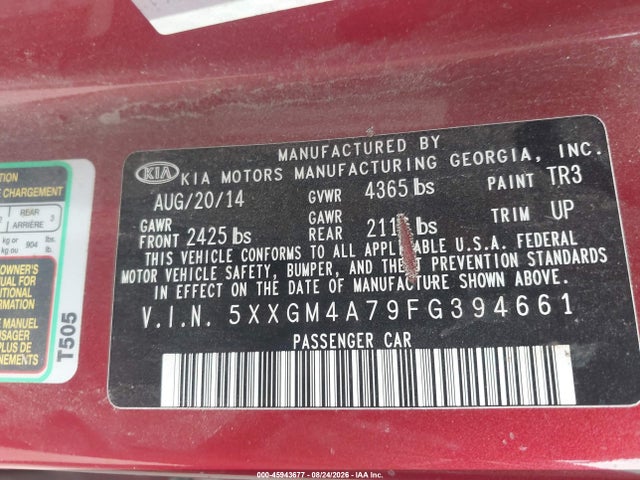 45943677 :رقم المزاد ، 5XXGM4A79FG394661 vin ، 2015 Kia Optima Lx مزاد بيع