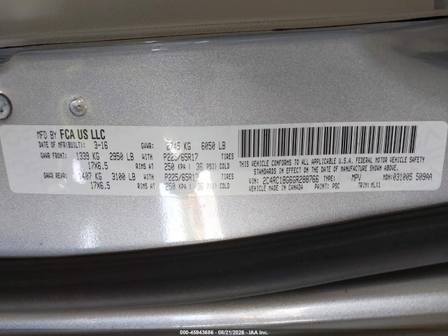 Aukcja sprzedaży 2016 Chrysler Town & Country Touring, vin: 2C4RC1BG6GR288766, numer aukcji: 45943686