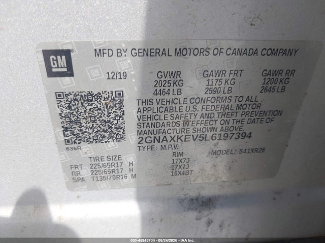 45943704 :رقم المزاد ، 2GNAXKEV5L6197394 vin ، 2020 Chevrolet Equinox Fwd Lt 1.5l Turbo مزاد بيع