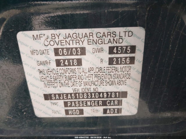 Aukcja sprzedaży 2003 Jaguar X-type 2.5, vin: SAJEA51D83XD49781, numer aukcji: 45943705