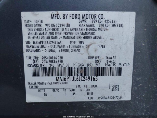 Продаж на аукціоні авто 2018 Ford Ecosport Se, vin: MAJ6P1UL6JC249165, номер лоту: 45943715