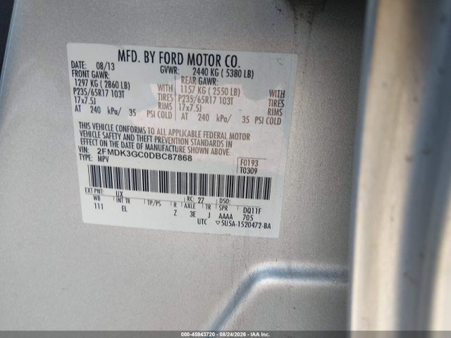 Aukcja sprzedaży 2013 Ford Edge Se, vin: 2FMDK3GC0DBC87868, numer aukcji: 45943720
