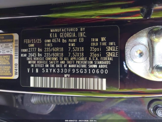 Aukcja sprzedaży 2025 Kia Sportage Ex, vin: 5XYK33DF9SG310600, numer aukcji: 45943722