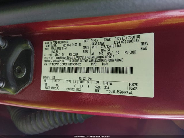 45943723 :رقم المزاد ، 1FTEW1EGXFKD53102 vin ، 2015 Ford F-150 Xlt مزاد بيع