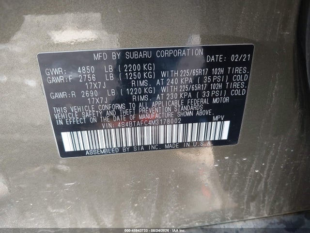 45943733 :رقم المزاد ، 4S4BTAFC4M3178002 vin ، 2021 Subaru Outback Premium مزاد بيع