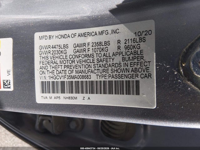 Продаж на аукціоні авто 2021 Honda Accord Sport, vin: 1HGCV1F35MA008683, номер лоту: 45943734