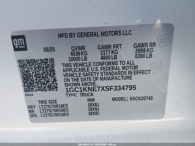 Продаж на аукціоні авто 2025 Chevrolet Silverado 2500hd 4wd  Standard Bed Lt, vin: 1GC1KNE7XSF334795, номер лоту: 45943735
