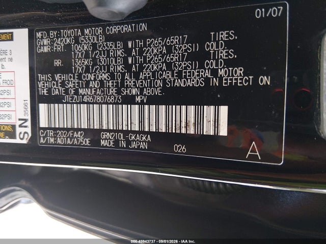 Aukcja sprzedaży 2007 Toyota 4runner Sr5, vin: JTEZU14R678076873, numer aukcji: 45943737